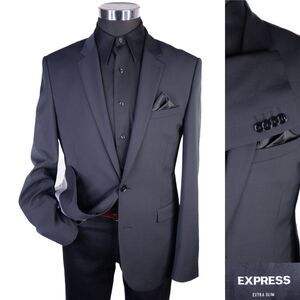 Express Men's Sport Coat Blazer Two Button Solid Black Wool Blend EXTRA SLIM 39L